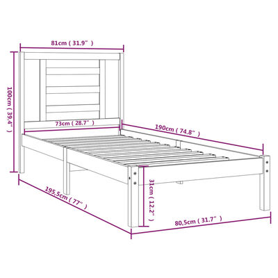 vidaXL sengeramme 75x190 cm Small Single massivt træ hvid