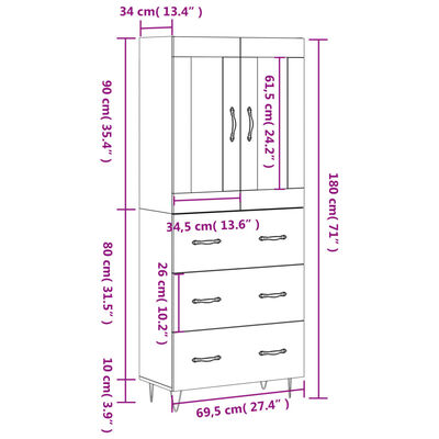 vidaXL højskab 69,5x34x180 cm konstrueret træ røget egetræsfarve