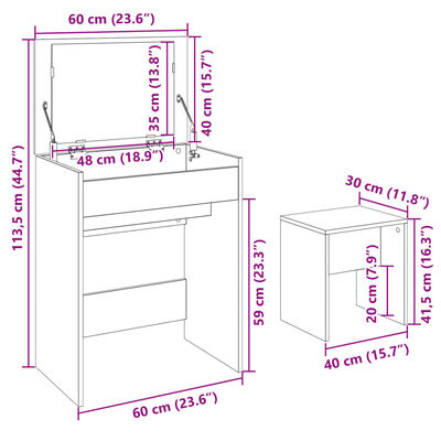 vidaXL kosmetikbord med skammel 60x40x113,5 cm hvid