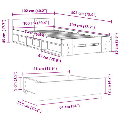 vidaXL sengeramme med skuffe 100x200 cm konstrueret træ grå sonoma-eg