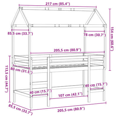 vidaXL højseng med stige og tag 80x200 cm massivt fyrretræ