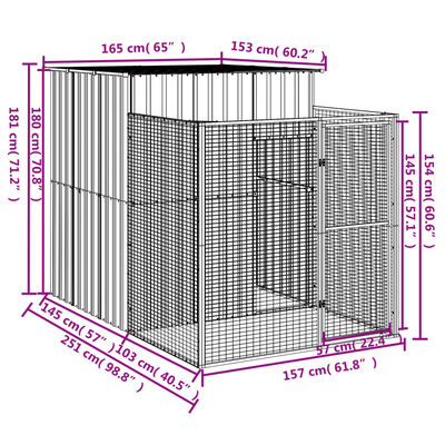 vidaXL hundehus med løbegård 165x251x181 cm galvaniseret stål lysegrå