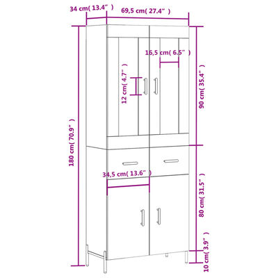 vidaXL højskab 69,5x34x180 cm konstrueret træ røget egetræsfarve