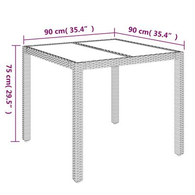 vidaXL havebord med glastop 90x90x75 cm polyrattan sort