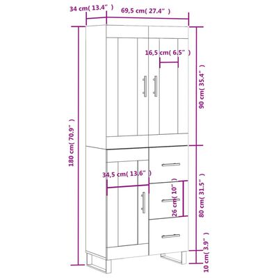 vidaXL højskab 69,5x34x180 cm konstrueret træ brun egetræsfarve