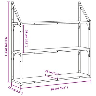 vidaXL vægreol med 3 hylder 80x21x78,5 cm konstrueret træ brun eg