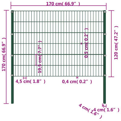 vidaXL hegnspanel med stolper 1,7 x 1,2 m jern grøn