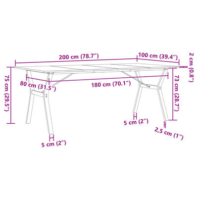 vidaXL spisebord 200x100x75 cm Y-stel massivt fyrretræ og støbejern