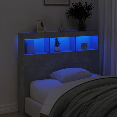 vidaXL sengegavl med opbevaring og LED-lys 120x17x102 cm betongrå
