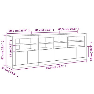 vidaXL skænk med LED-lys 202x37x67 cm hvid