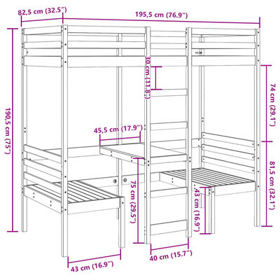 vidaXL højseng med skrivebord og stole 75x190 cm massivt fyrretræ hvid