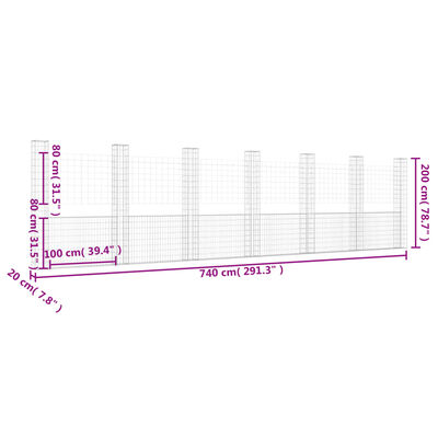 vidaXL gabionkurv med 7 stolper 740x20x200 cm U-facon jern