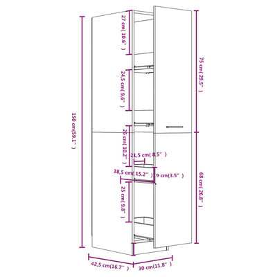 vidaXL udtræksskab 30x42,5x150 cm konstrueret træ grå sonoma-eg