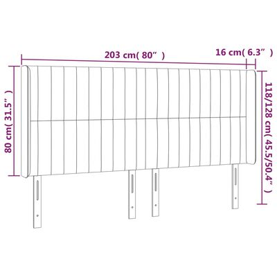 vidaXL sengegavl med kanter 203x16x118/128 cm fløjl lysegrå