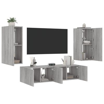 vidaXL tv-møbel til væg 4 dele med LED-lys konstrueret træ grå sonoma