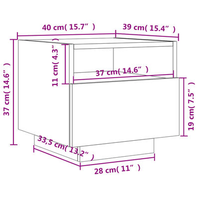 vidaxL sengebord med LED-lys 40x39x37 cm brun egetræsfarve