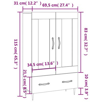 vidaXL skab 69,5x31x115 cm konstrueret træ hvid