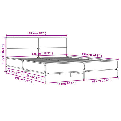 vidaXL sengestel 135x190cm konstrueret træ og metal røget egetræsfarve