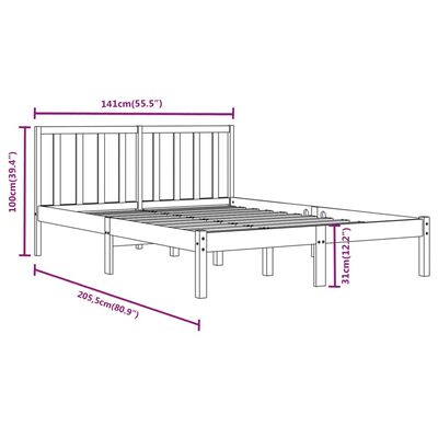 vidaXL sengeramme 135x190 cm Double massivt fyrretræ sort