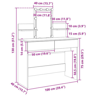 vidaXL makeupbord med LED-lys 100x40x130 cm røget egetræsfarve