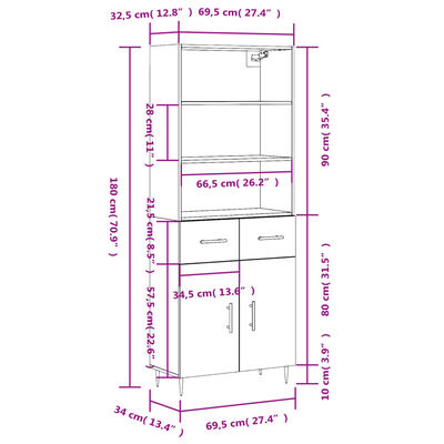 vidaXL højskab 69,5x34x180 cm konstrueret træ røget egetræsfarve