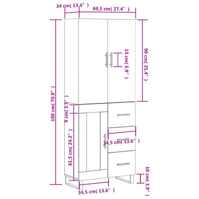 vidaXL højskab 69,5x34x180 cm konstrueret træ hvid