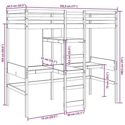 vidaXL højseng uden madras 75x190 cm massivt fyrretræ