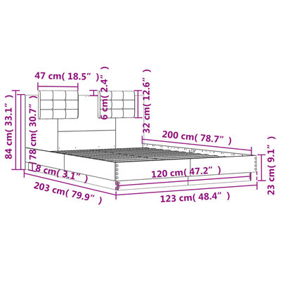 vidaXL sengeramme med sengegavl og LED-lys 120x200 cm sonoma-eg