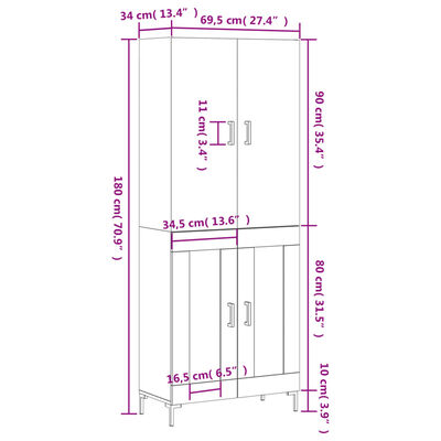 vidaXL højskab 69,5x34x180 cm konstrueret træ grå sonoma-eg