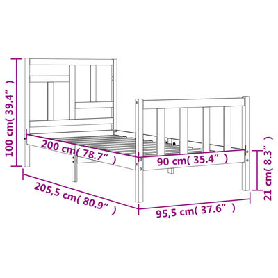 vidaXL sengeramme med sengegavl 90x200 cm massivt træ