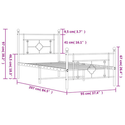 vidaXL sengeramme med sengegavl og fodgærde 90x200 cm metal sort