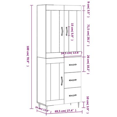 vidaXL højskab 69,5x34x180 cm konstrueret træ betongrå