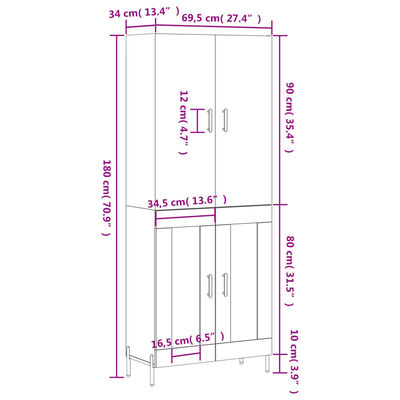 vidaXL højskab 69,5x34x180 cm konstrueret træ hvid