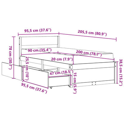 vidaXL seng med skuffer og madras 90x200 cm massivt fyrretræ hvid