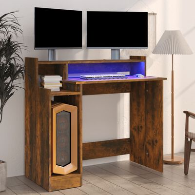 vidaXL skrivebord med LED-lys 97x45x90 cm konstrueret træ røget eg