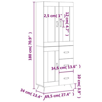 vidaXL højskab 69,5x34x180 cm konstrueret træ hvid højglans