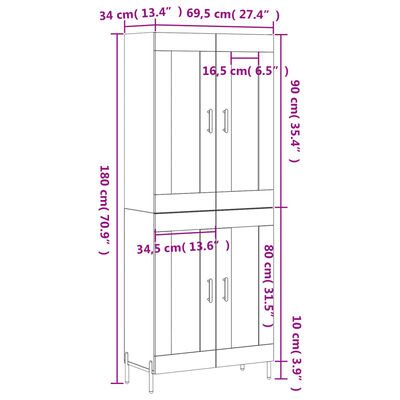 vidaXL højskab 69,5x34x180 cm konstrueret træ betongrå