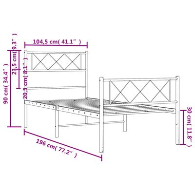 vidaXL sengeramme med sengegavl og fodgærde 100x190 cm metal hvid