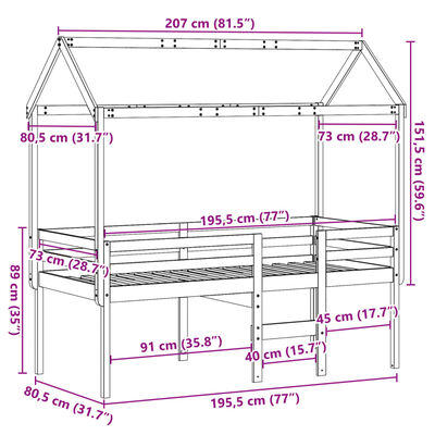 vidaXL højseng med tag 75x190 cm massivt fyrretræ gyldenbrun