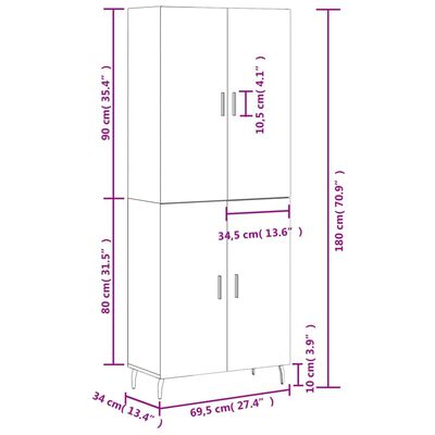 vidaXL højskab 69,5x34x180 cm konstrueret træ grå sonoma-eg