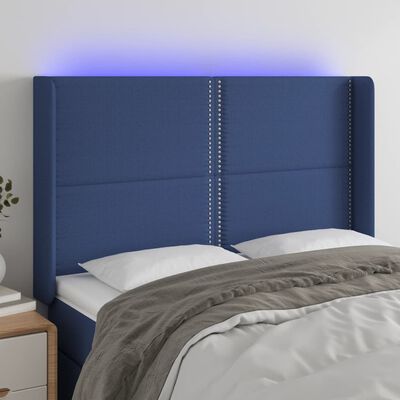 vidaXL sengegavl med LED-lys 147x16x118/128 cm stof blå