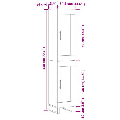 vidaXL højskab 34,5x34x180 cm konstrueret træ grå sonoma-eg