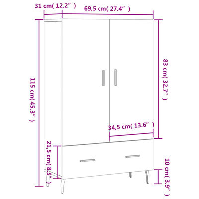 vidaXL skab 69,5x31x115 cm konstrueret træ brun sonoma-eg