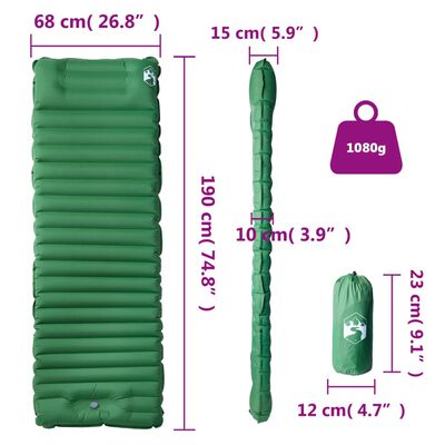 vidaXL 1-personers campingmadras med pude selvoppustelig grøn