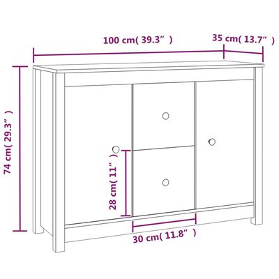 vidaXL skænk 100x35x74 cm massivt fyrretræ hvid