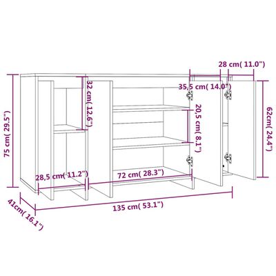 vidaXL skænk 135x41x75 cm konstrueret træ grå sonoma-eg