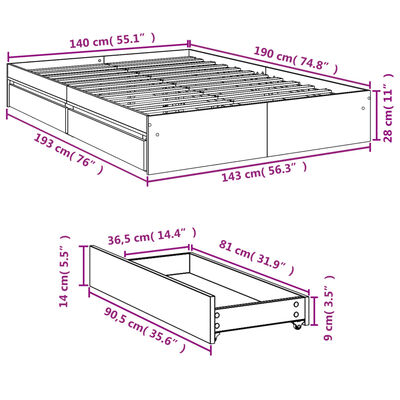 vidaXL sengeramme med skuffer 140x190 cm konstrueret træ røget eg