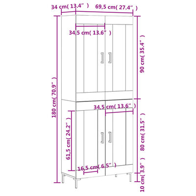 vidaXL højskab 69,5x34x180 cm konstrueret træ betongrå