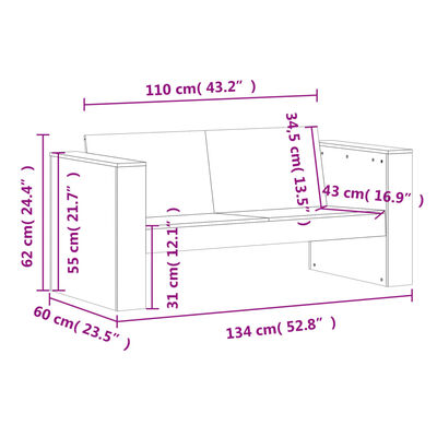 vidaXL 2-personers havesofa 134x60x62 cm massivt douglasgran