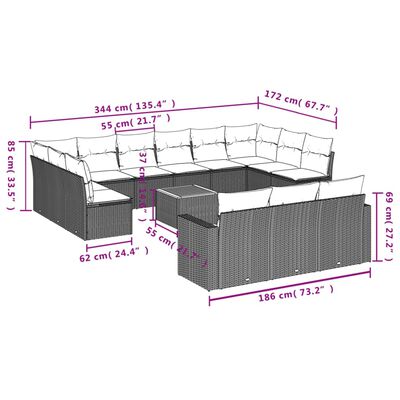 vidaXL sofasæt til haven 14 dele med hynder polyrattan sort